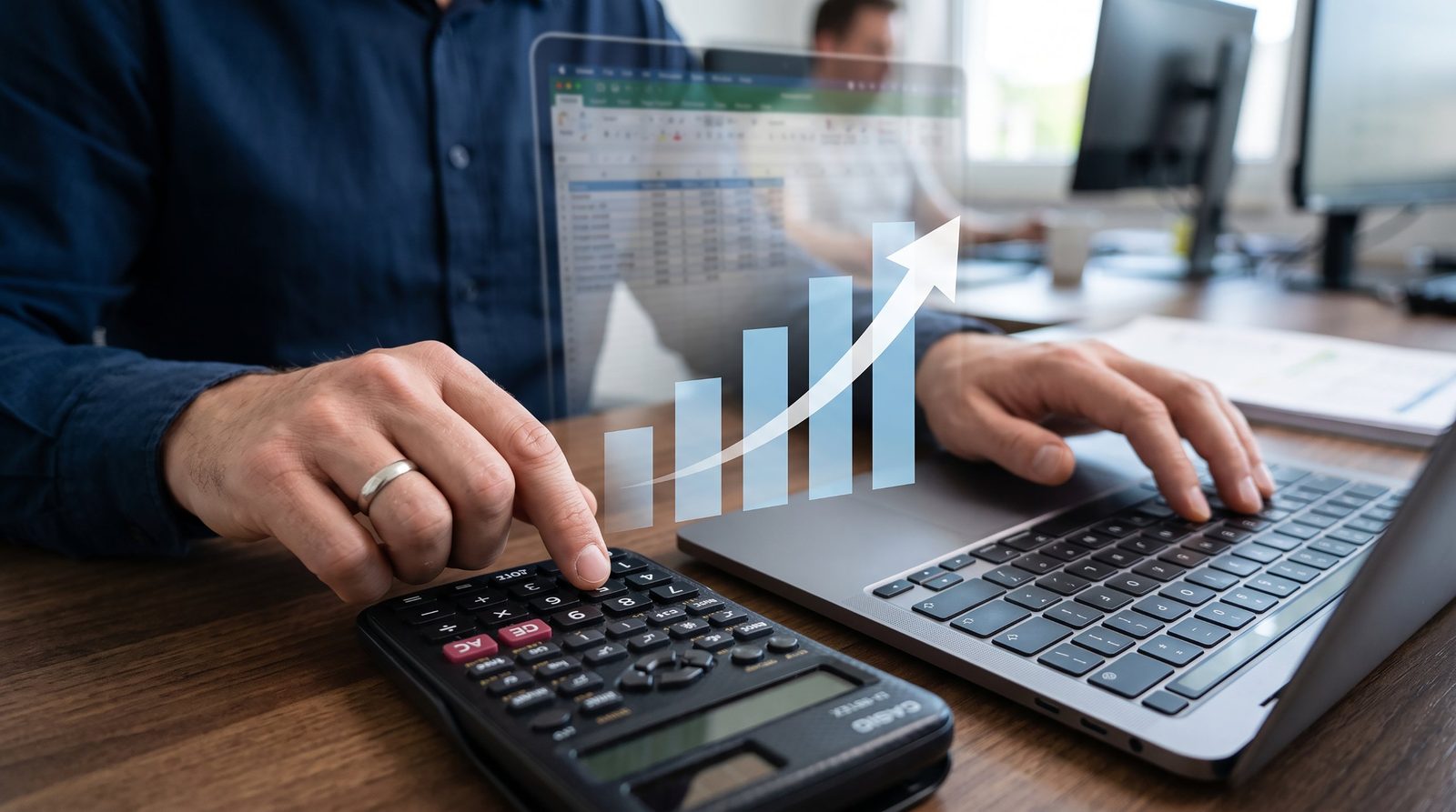 Contador usando calculadora e notebook, com gráfico de crescimento