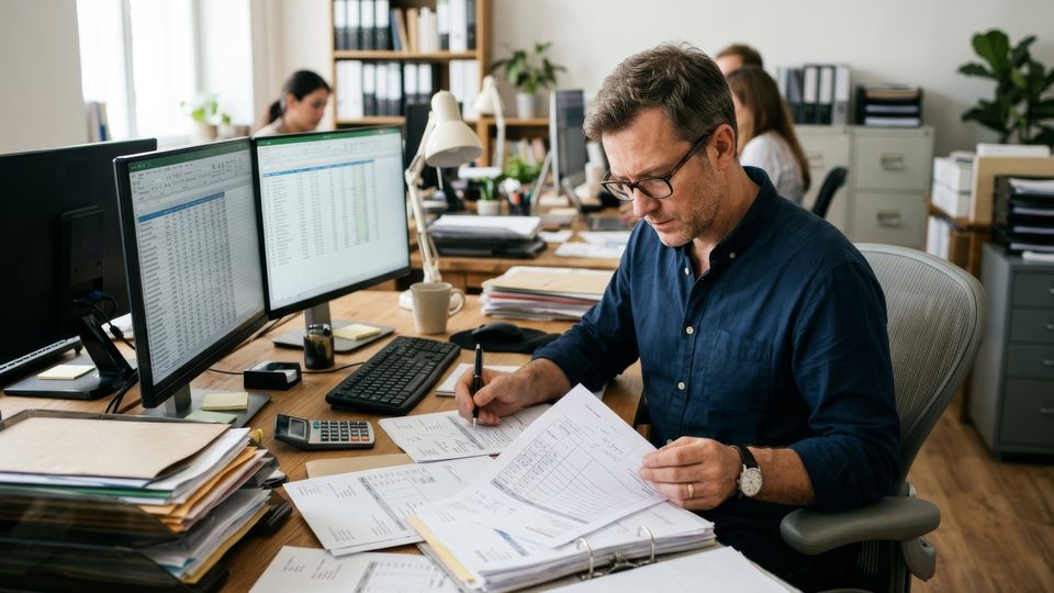 Contador analisando documentos em frente às planilhas