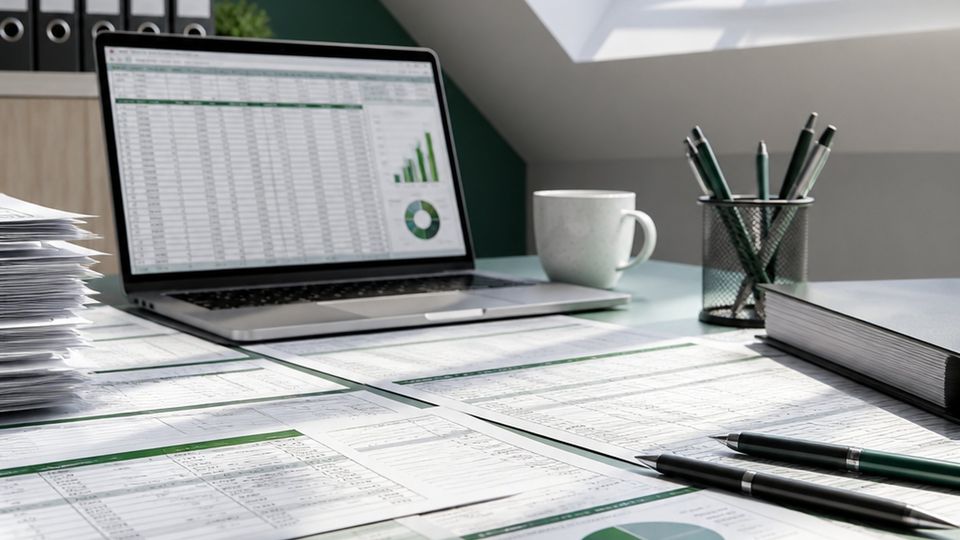 Mesa de escritório com planilhas, notebook e gráficos